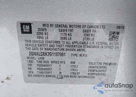 2016 Chevrolet Equinox Lt из США, поврежденный, VIN 2GNALCEK7G1107981